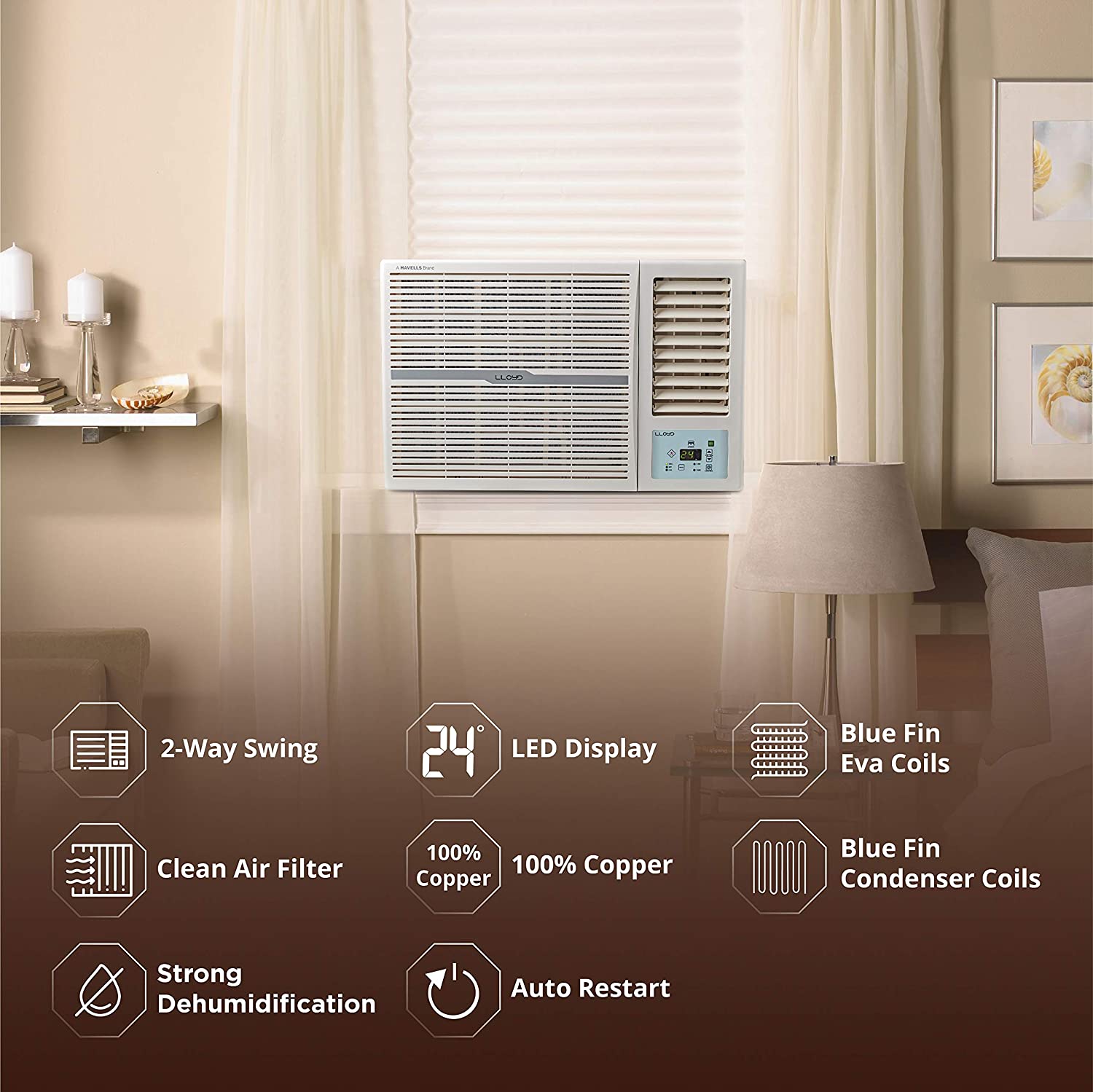 Lloyd 1.0 Ton 2 Star Fixed Speed Window AC (Copper, White with Silver Deco Strip, GLW12C2YWSEW)