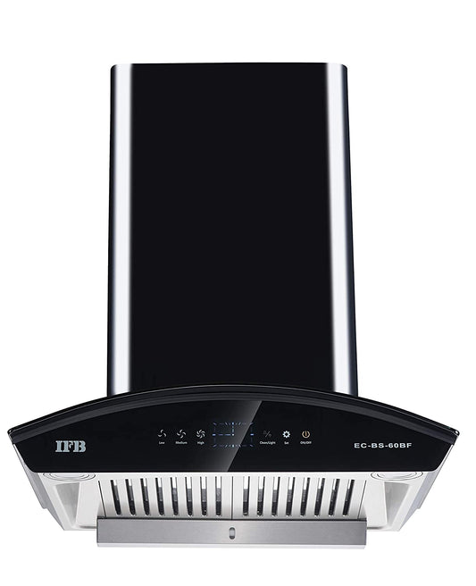 IFB EC -BS -HS-60BF 60 Cm 1200 m³/hr Auto-Clean Curved Glass Kitchen Chimney ( Feather Touch, Baffle Filter, Black Steel) - Mahajan Electronics Online