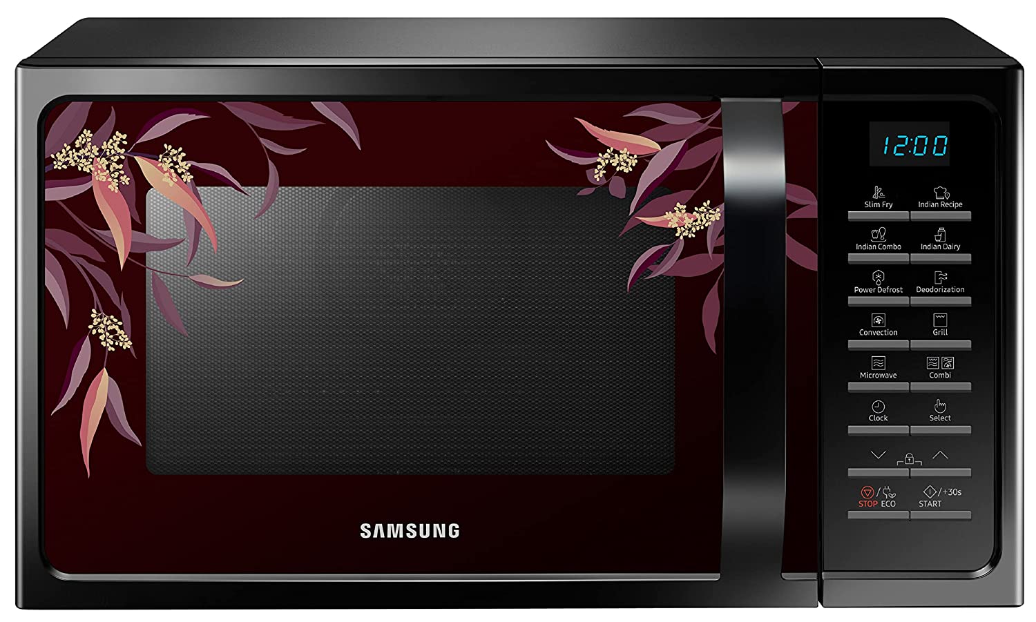 Samsung 28 L Convection Microwave Oven with SlimFry (MC28H5025VR/TL, Black Delight Red Pattern) - Mahajan Electronics Online