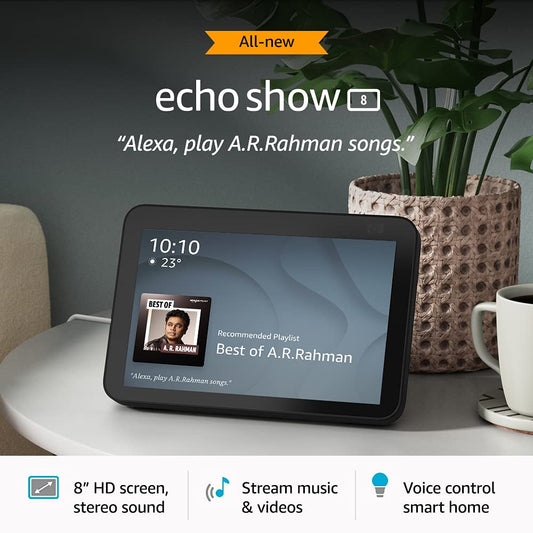 All new Echo Show 8 (2nd Gen)ith 8" HD screen, stereo sound & hands-free entertainment with Alexa (Black) - Mahajan Electronics Online