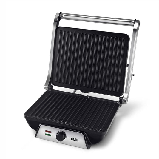 Glen SA3031 Contact Grill 2000W with Oil Collector Tray and 180 Degree Opening Silver - Mahajan Electronics Online