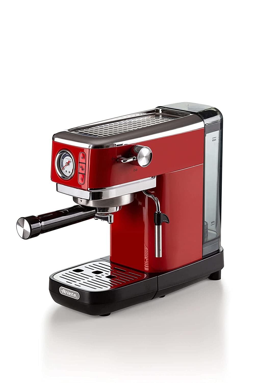 Ariete 1381 Coffee machine with pressure gauge, compatible with ground coffee and ESE pods, 1300 W, 1.1 L capacity, 15 bar pressure, ½ cup filter, Cappuccino device, Red