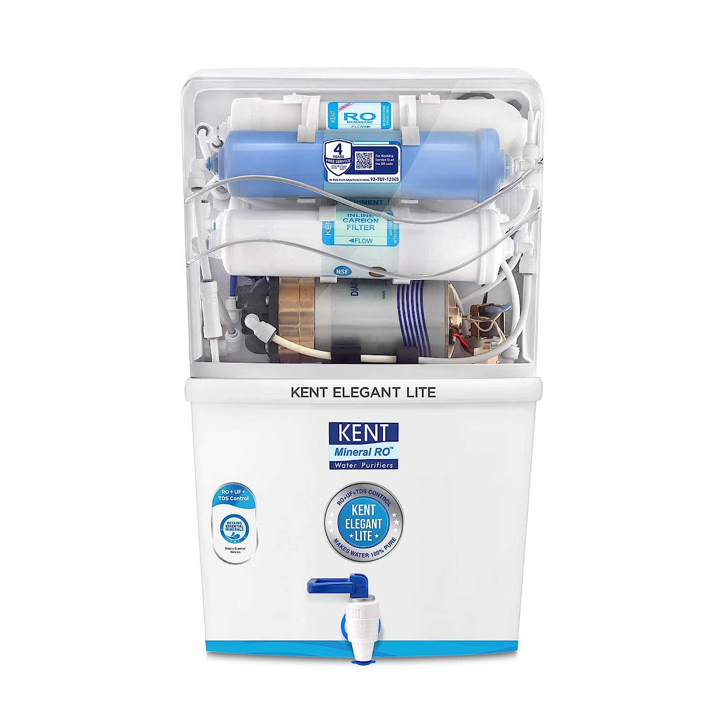 KENT Elegant Lite Compact RO+UF Water Purifier | Patented Mineral RO Technology | RO + UF + TDS Control | 8L Storage | 4 Years Free Service - White - Mahajan Electronics Online