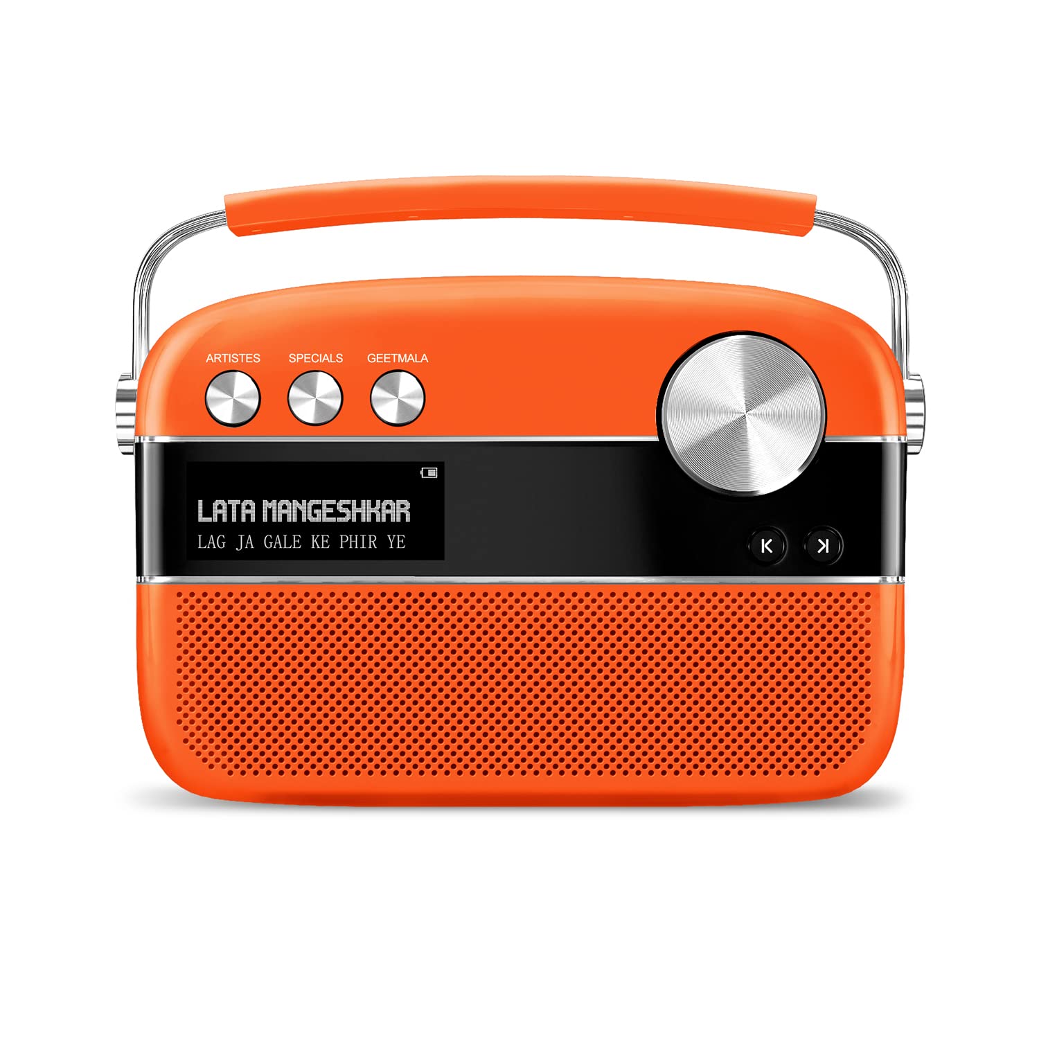 Saregama Carvaan Premium (Pop Colour Range) Hindi - Portable Music Player with 5000 Preloaded Songs, FM/BT/AUX (Candy Orange) - Mahajan Electronics Online
