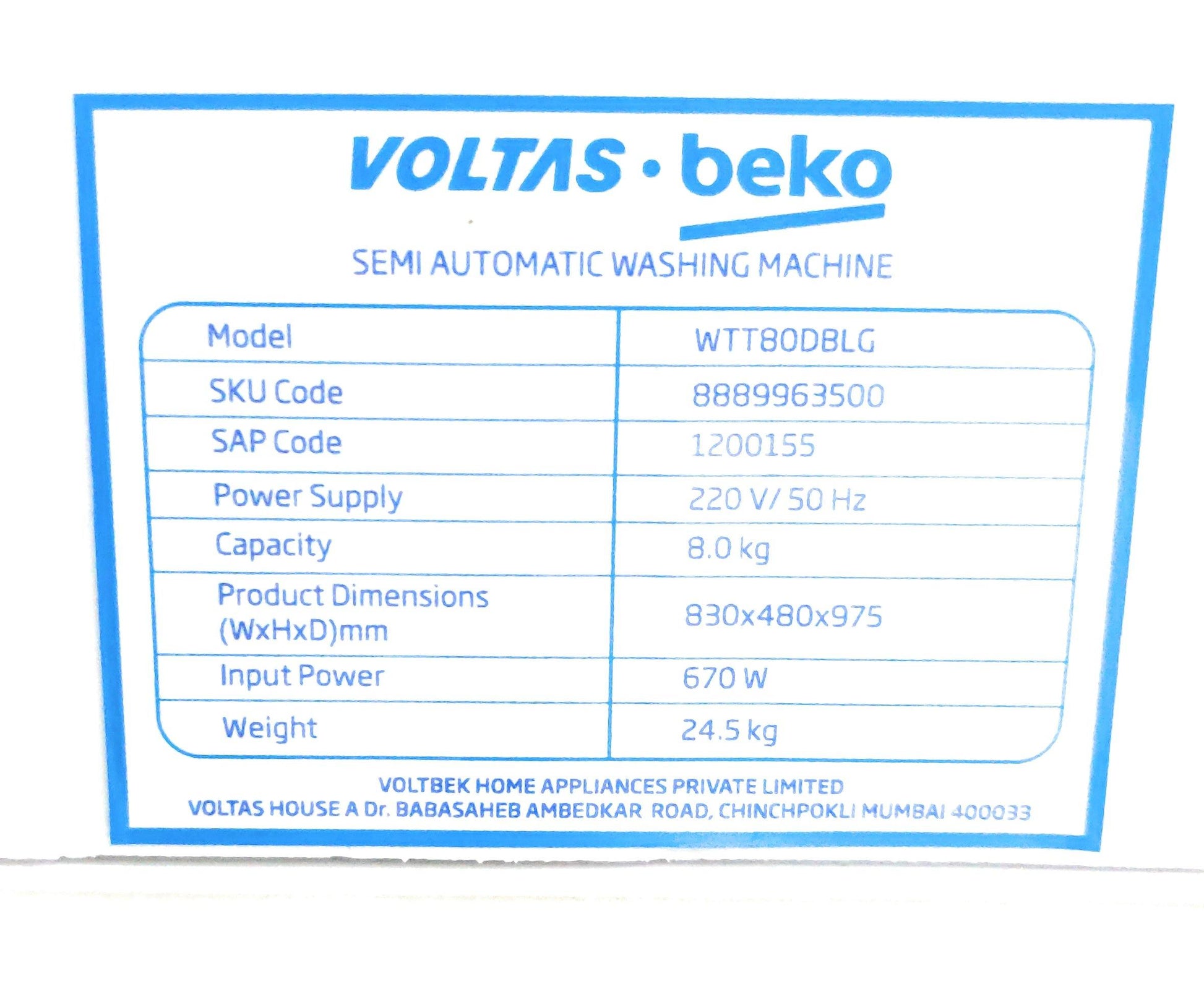 Voltbek  WTT80DBLG  Semi Automatic Washing Machine Beko BLUE 8.0 Kg - Mahajan Electronics Online