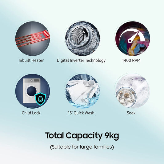 Samsung 9 Kg 5 Star Inverter Fully-Automatic Front Loading Washing Machine (WW90T4040CX1TL, Inox, In-Built Heater) - Mahajan Electronics Online