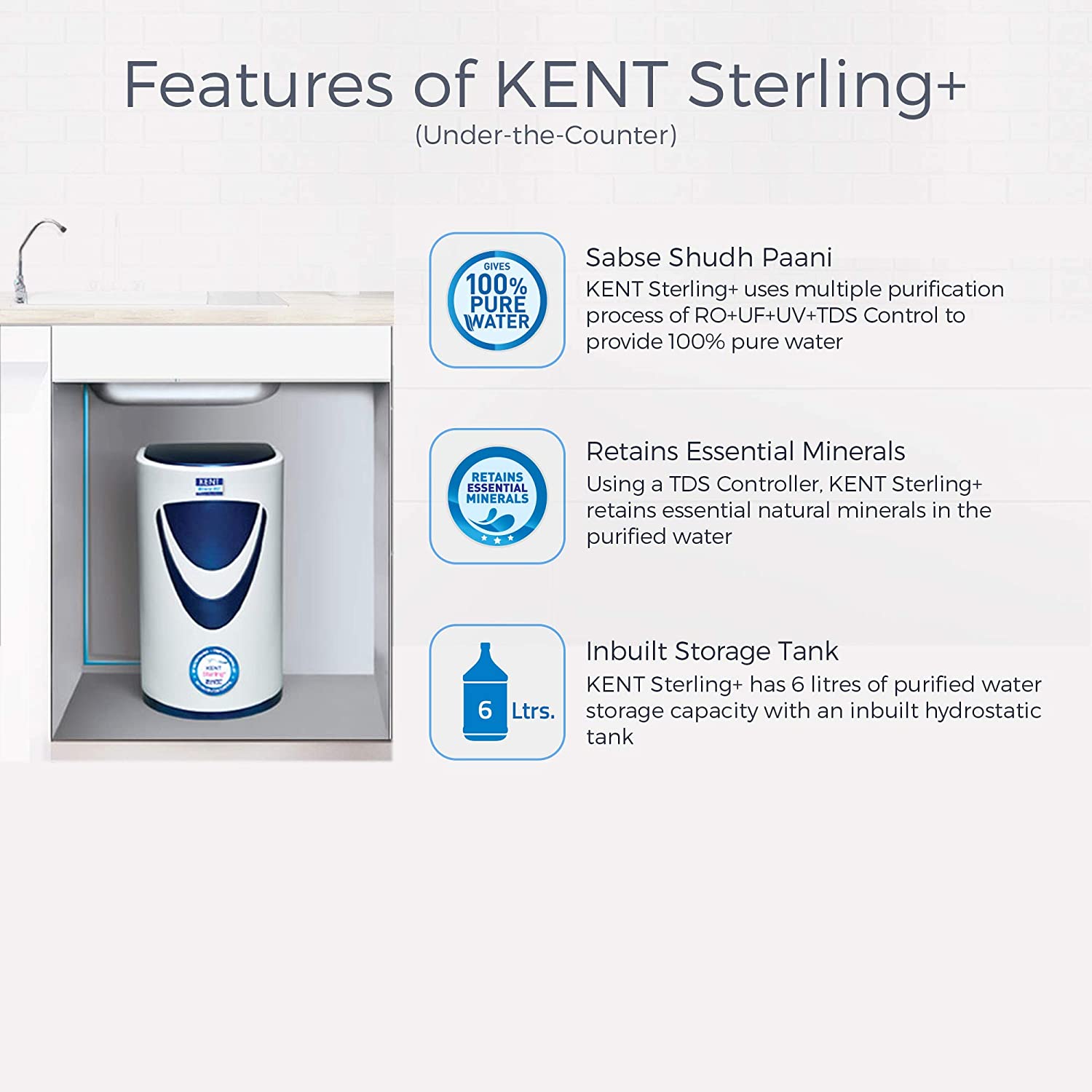 Kent Sterling Plus RO+UV+UF+TDS Cont. Under The Sink RO Water Purifier - Mahajan Electronics Online