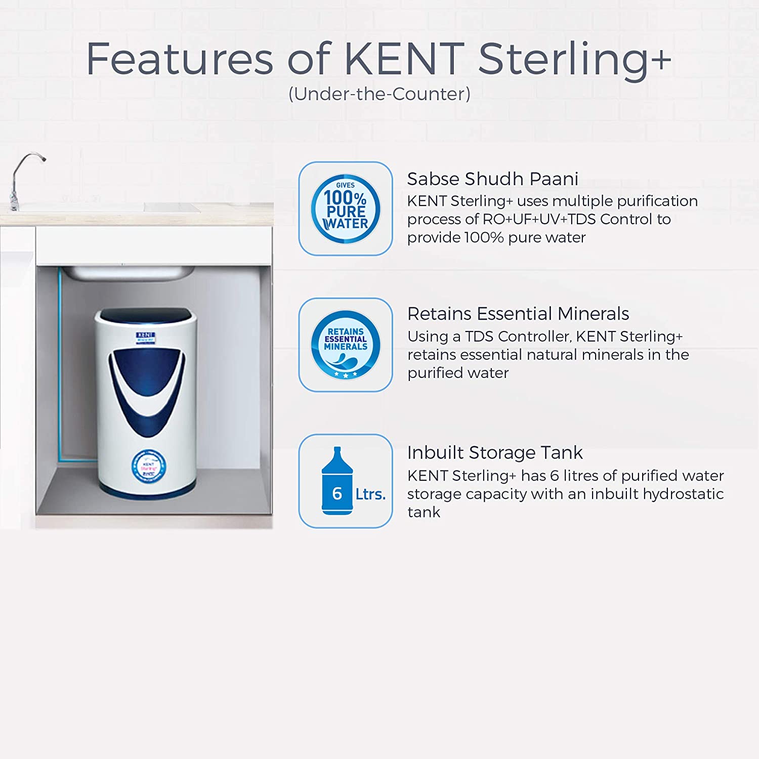 Kent Sterling Plus RO+UV+UF+TDS Cont. Under The Sink RO Water Purifier