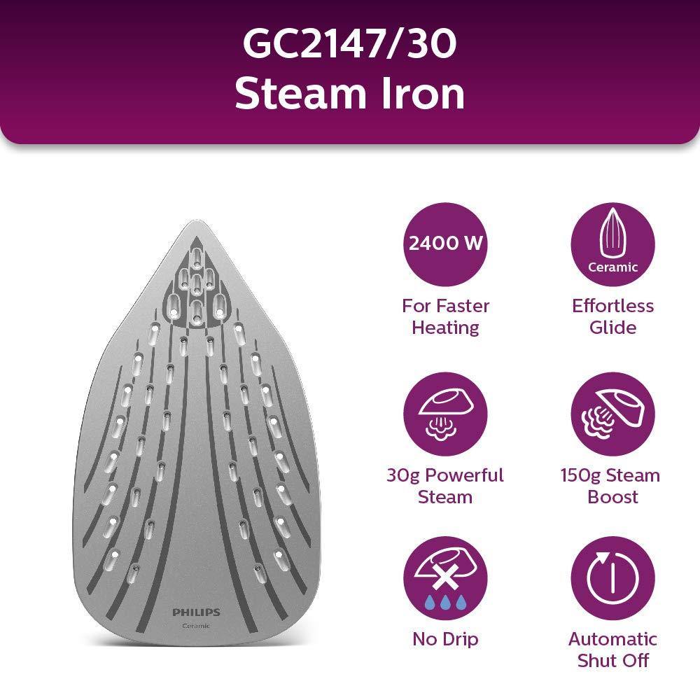 Philips EasySpeed Plus Steam Iron GC2147/30-2400W, Quick Heat up with up to 30 g/min steam, 150g steam Boost, Scratch Resistant Ceramic Soleplate, Vertical... - Mahajan Electronics Online