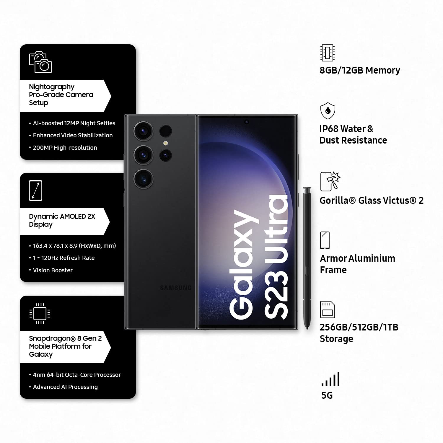 Samsung Galaxy S23 Ultra 5G (Phantom Black, 12GB Ram, 512GB Storage)
