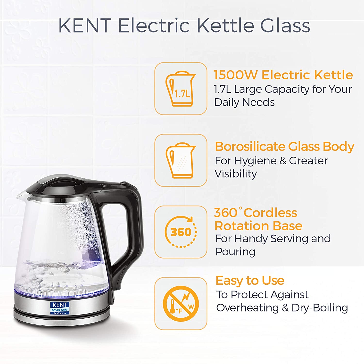 KENT Elegant Electric Glass Kettle 1.7 L Stainless Steel Heating Plate - Mahajan Electronics Online