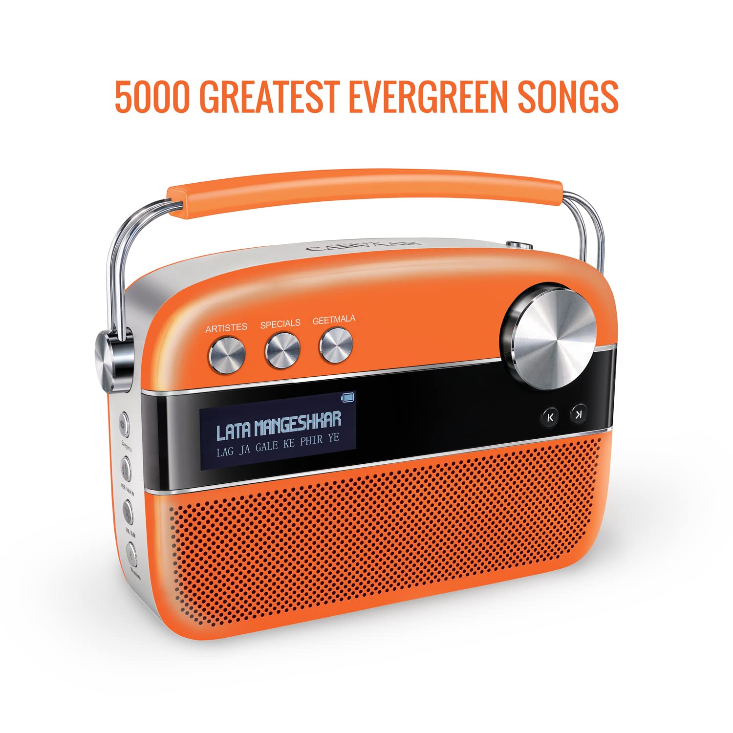 Saregama Carvaan Premium (Pop Colour Range) Hindi - Portable Music Player with 5000 Preloaded Songs, FM/BT/AUX (Candy Orange) - Mahajan Electronics Online