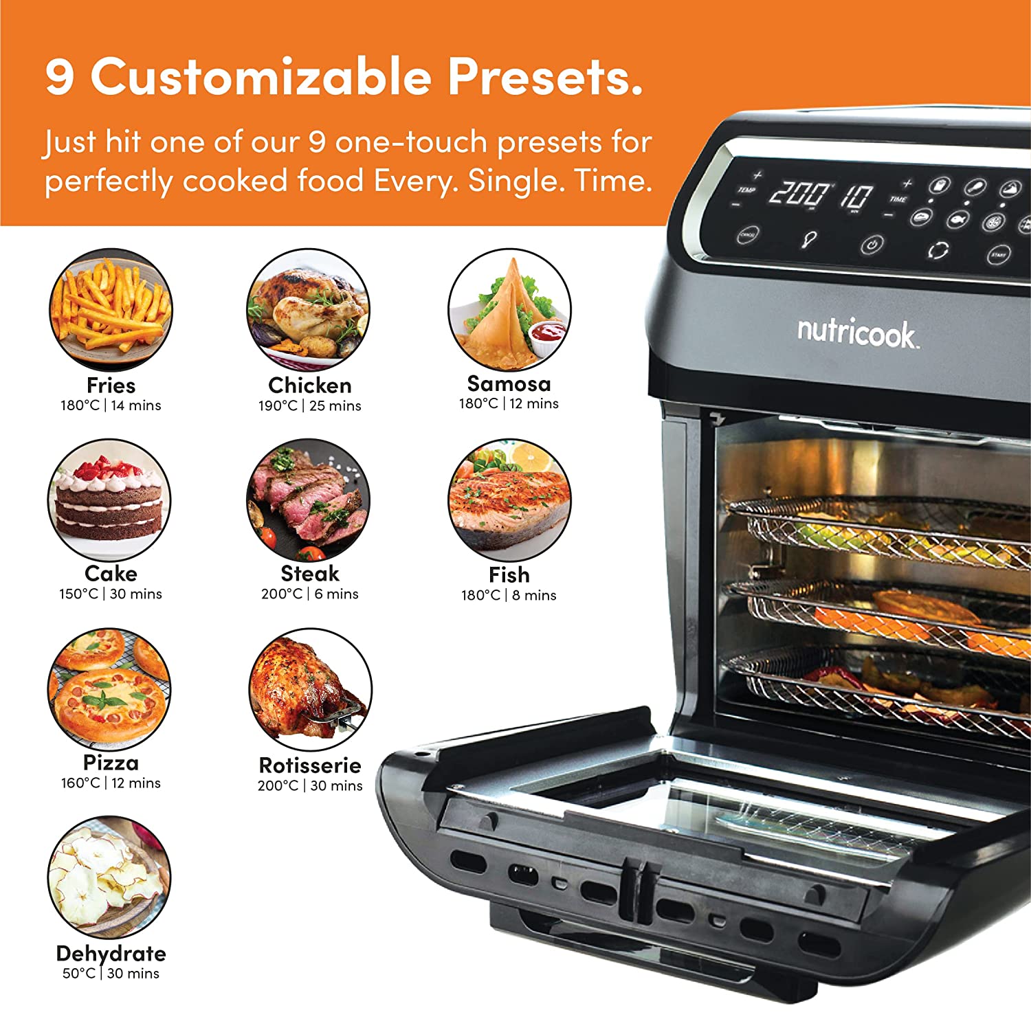 NUTRICOOK 1800 Watts, Digital/One Touch Control Panel Display, 8 Preset Programs Air Fryer Oven (12 L, Black,NC-AFO112K)