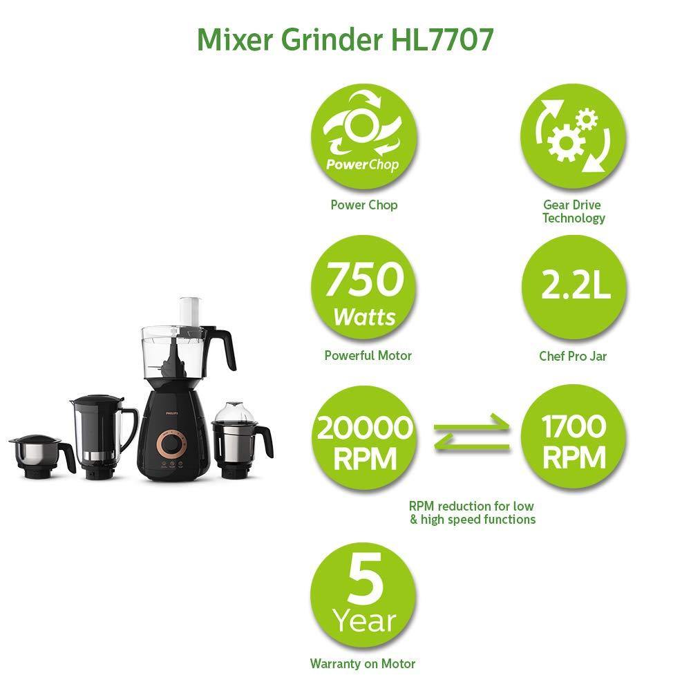 Philips HL7707/00 Mixer Grinder, 750W, 4 Jars (Black) - Mahajan Electronics Online