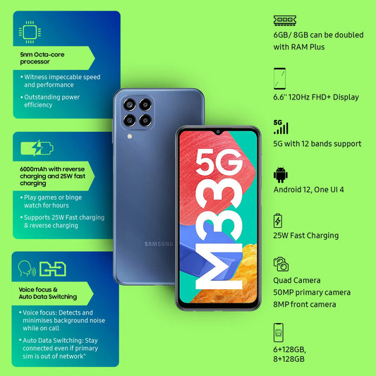 Samsung Galaxy M33 5G (Deep Ocean Blue, 6GB, 128GB Storage) | 6000mAh Battery | Upto 12GB RAM - Mahajan Electronics Online