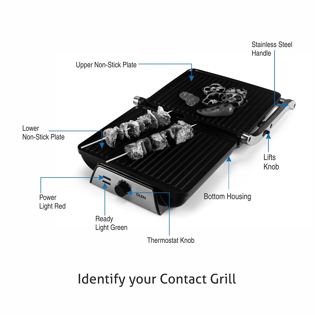 Glen SA3031 Contact Grill 2000W with Oil Collector Tray and 180 Degree Opening Silver - Mahajan Electronics Online