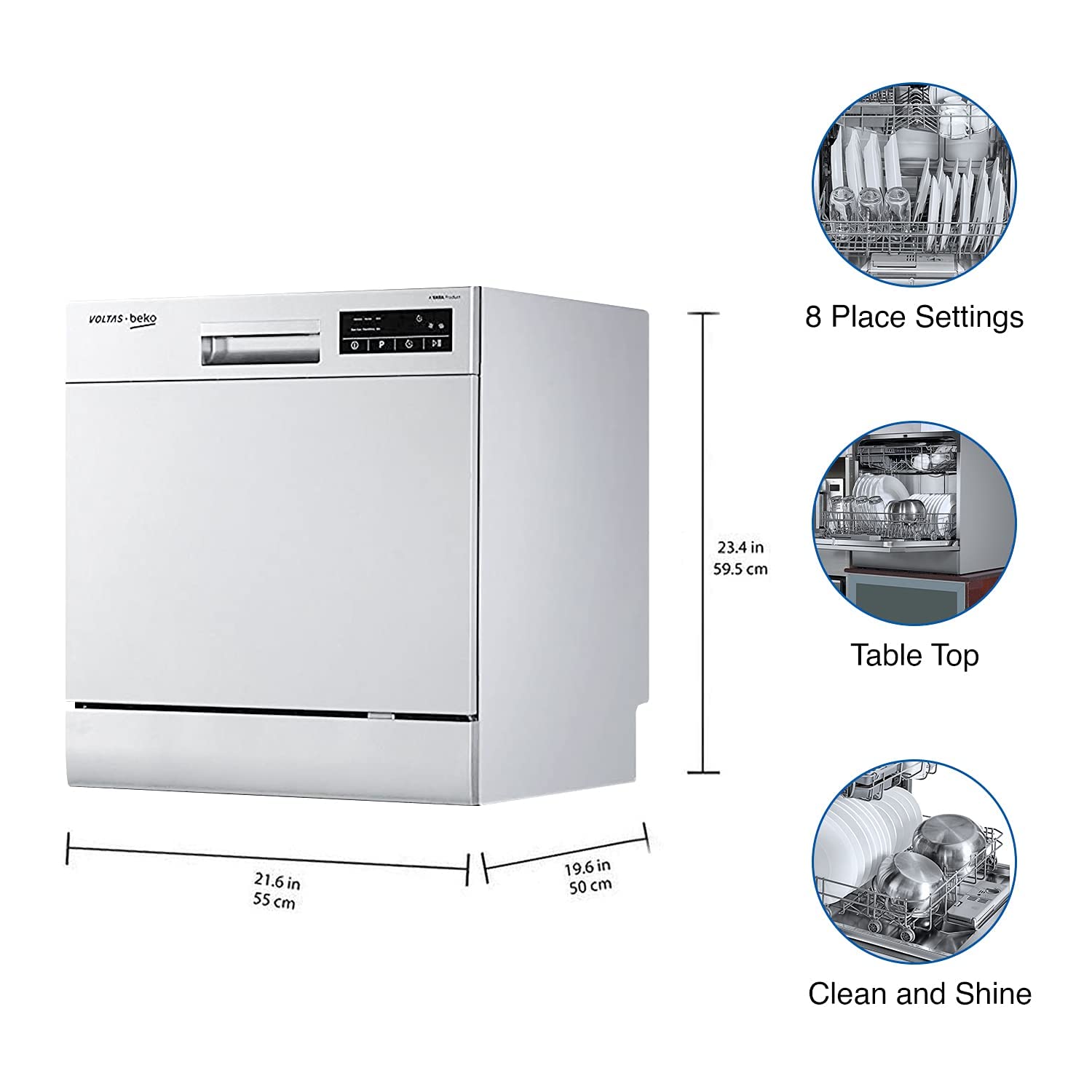 Voltas Beko 8 Place Settings Table Top Dishwasher (DT8S, Silver)