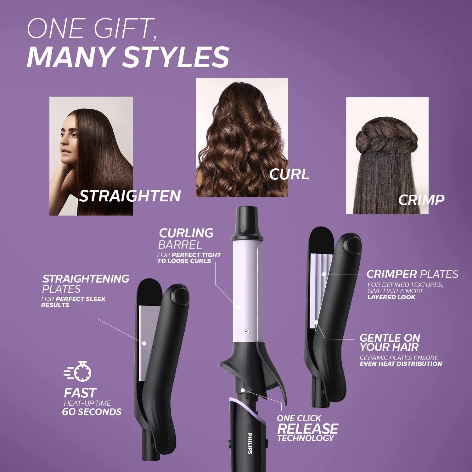 PHILIPS BHH816/00 Crimp, Straighten or Curl with the single tool, quickly and without fear of heat damage, Black Multi Styling Kit - Mahajan Electronics Online