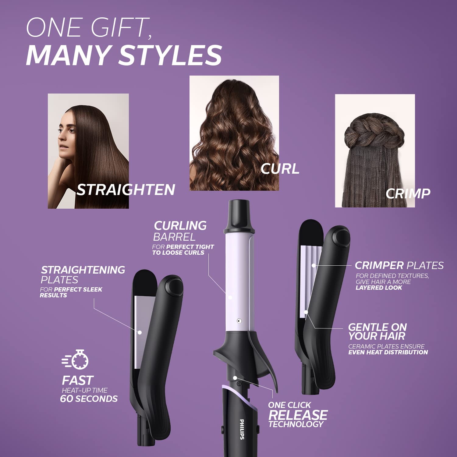PHILIPS BHH816/00 Crimp, Straighten or Curl with the single tool, quickly and without fear of heat damage, Black Multi Styling Kit