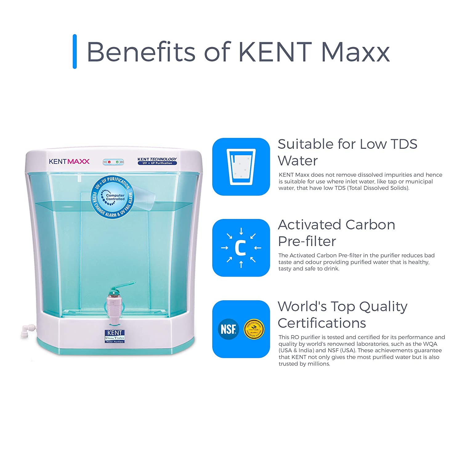 KENT Maxx 7-Litres Wall Mountable/Table Top UV + UF (White and Blue) 60-Ltr/hr Water Purifier with detachable storage tank - Mahajan Electronics Online