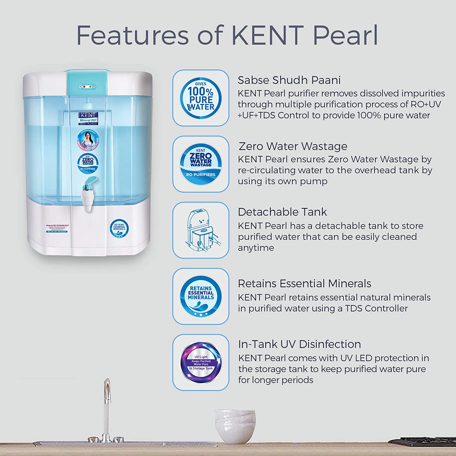 KENT Pearl 8-Litres Mineral RO + UV/UF + TDS Water Purifier,Blue and White - Mahajan Electronics Online