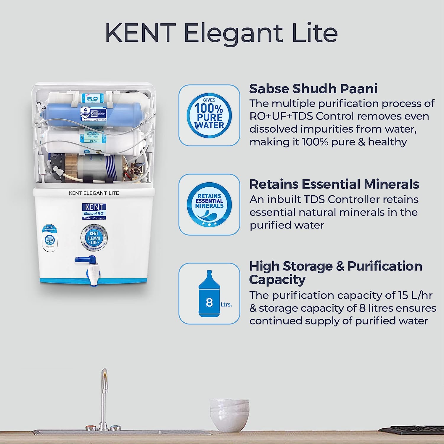 KENT Elegant Lite Compact RO+UF Water Purifier | Patented Mineral RO Technology | RO + UF + TDS Control | 15 LPH Output | 8L Storage | 4 Years Free Service - White