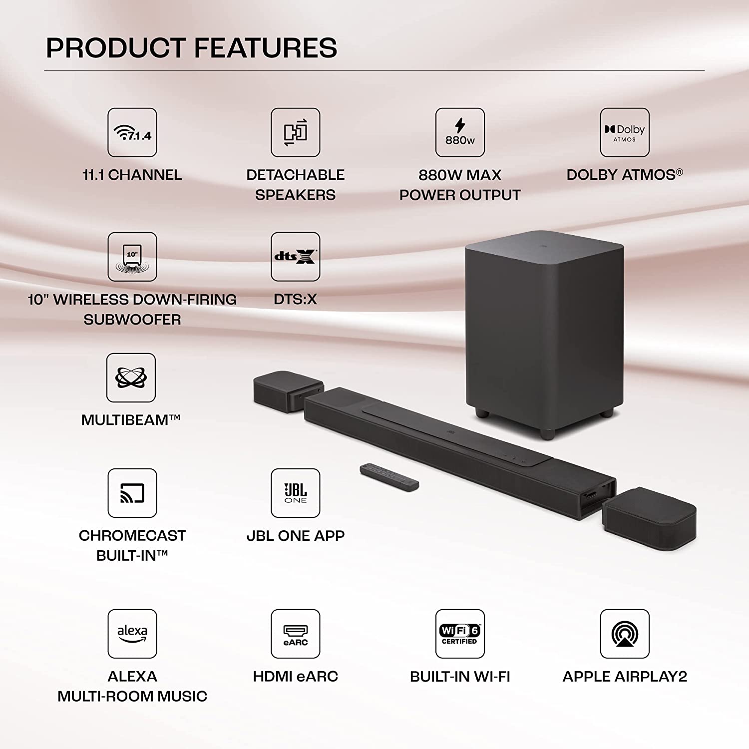 JBL Bar 1000 Pro, 11.1 (7.1.4) Channel Truly Wireless Soundbar with Tr
