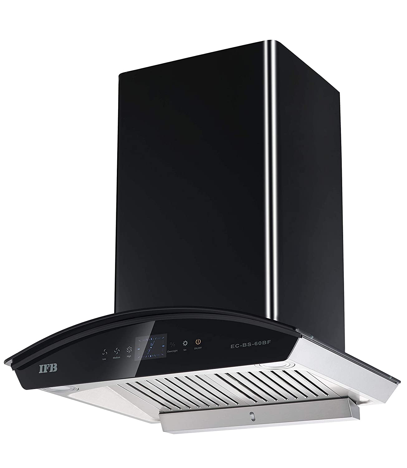 IFB EC -BS -HS-60BF 60 Cm 1200 m³/hr Auto-Clean Curved Glass Kitchen Chimney ( Feather Touch, Baffle Filter, Black Steel) - Mahajan Electronics Online