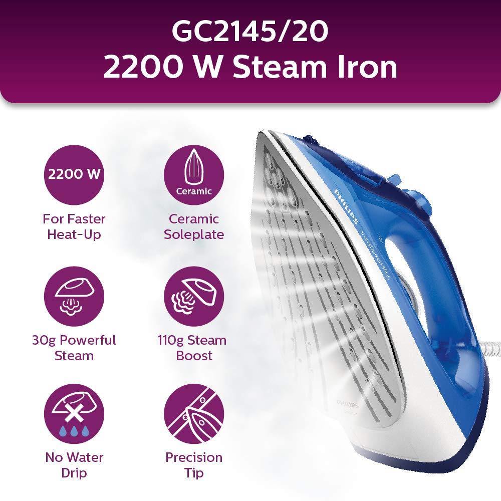 Philips EasySpeed Plus Steam Iron GC2145/20-2200W, Quick Heat Up with up to 30 g/min steam, 110 g steam Boost, Scratch Resistant Ceramic Soleplate, Vertical... - Mahajan Electronics Online