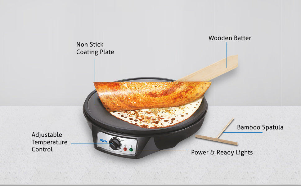 Glen SA-3038N Electric Dosa Maker with Wooden Batter & Spatula 1000 Watt Black