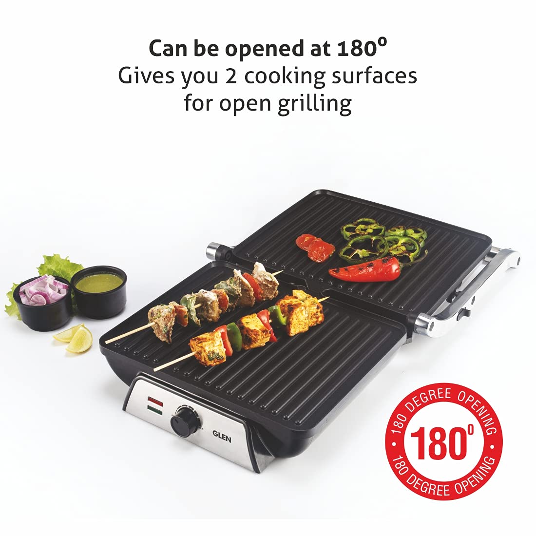 Glen SA3031 Contact Grill 2000W with Oil Collector Tray and 180 Degree Opening Silver - Mahajan Electronics Online