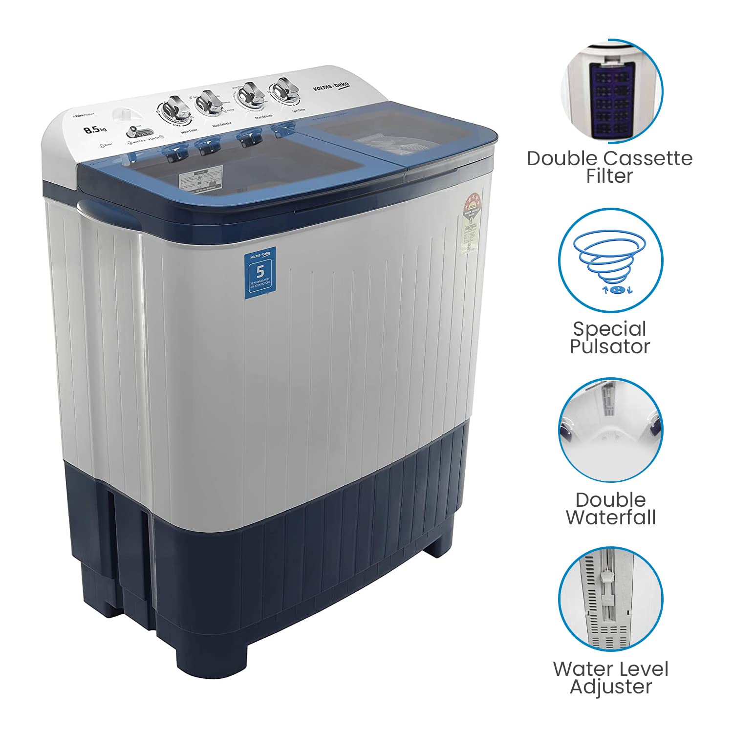 Voltas Beko WTT85DBLG 8.5 kg Semi-Automatic Top Loading Washing Machine ( Sky Blue) - Mahajan Electronics Online