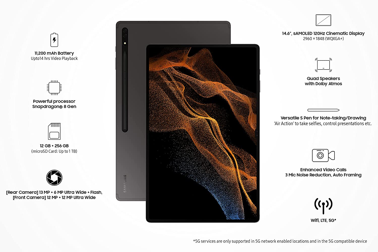 Samsung Galaxy Tab S8 Ultra 14.6 inch , RAM 12 GB, ROM 256 GB Expandable, S Pen in-Box, Wi-Fi+ 5G Tablet, Graphite
