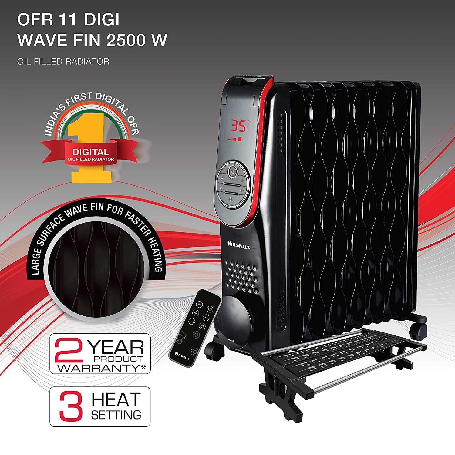 Havells Digital OFR 11 Wave Fin 2500 watt (Black) (GHROFBMK250) - Mahajan Electronics Online