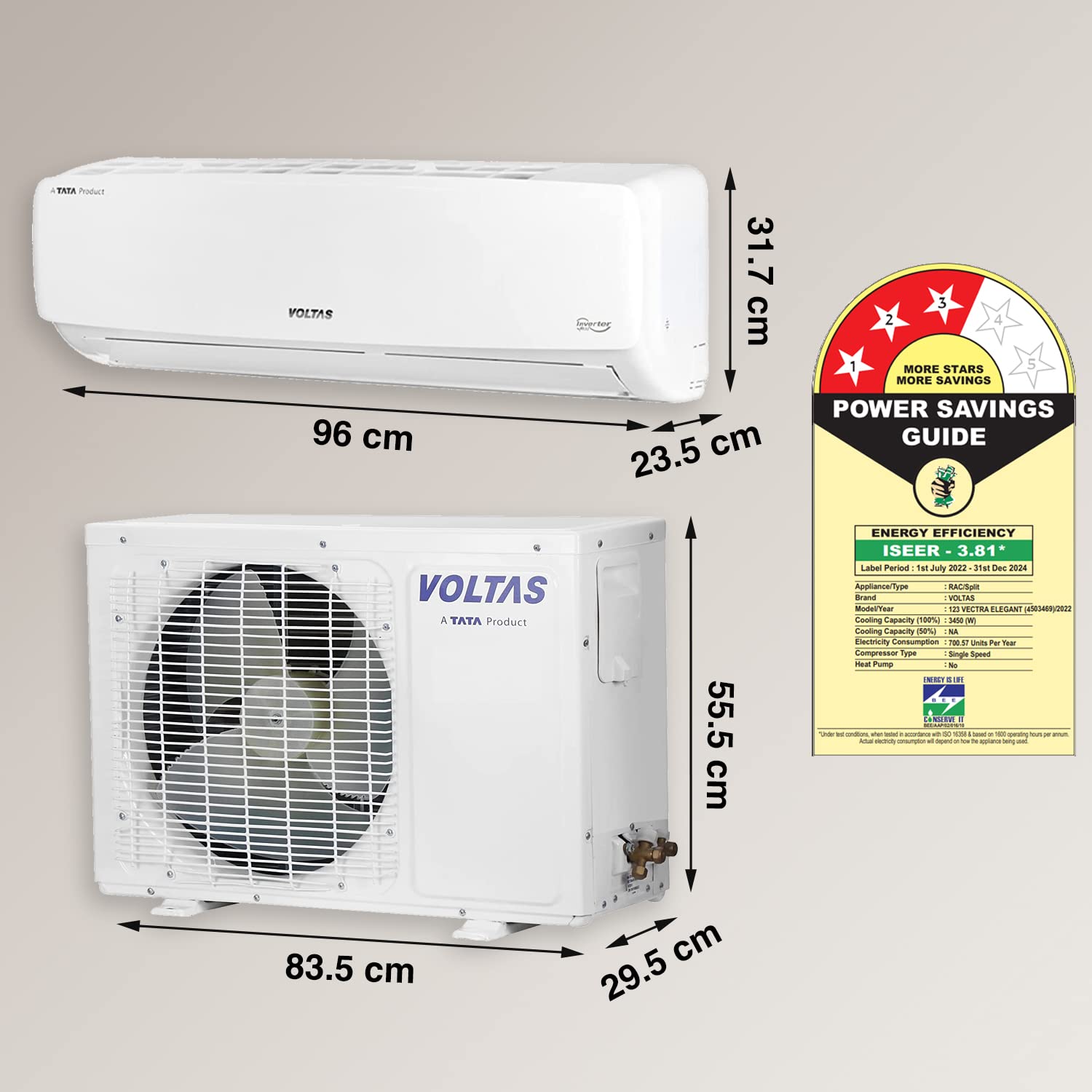 Voltas 1 Ton 3 Star, Fixed Speed Split AC Copper 2023 Model, 123 Vectra Elegant - Mahajan Electronics Online