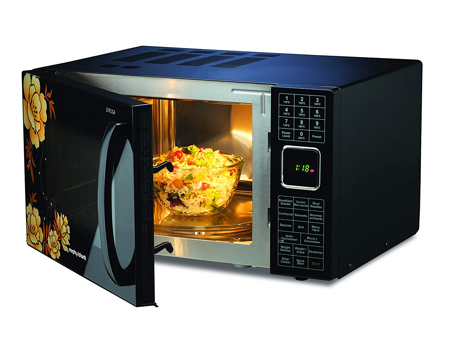 Morphy Richards 27 Ltr Floral Design Microwave Convection Oven with 200 Autocook Menus, Black, Regular
