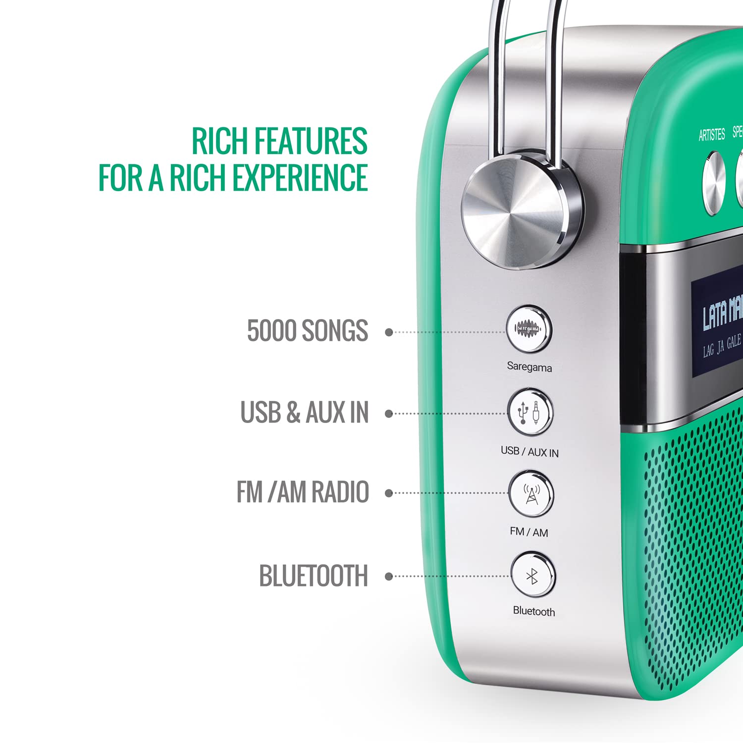 Saregama Carvaan Premium (Pop Colour Range) Hindi - Portable Music Player with 5000 Preloaded Songs, FM/BT/AUX (Forest Green) - Mahajan Electronics Online