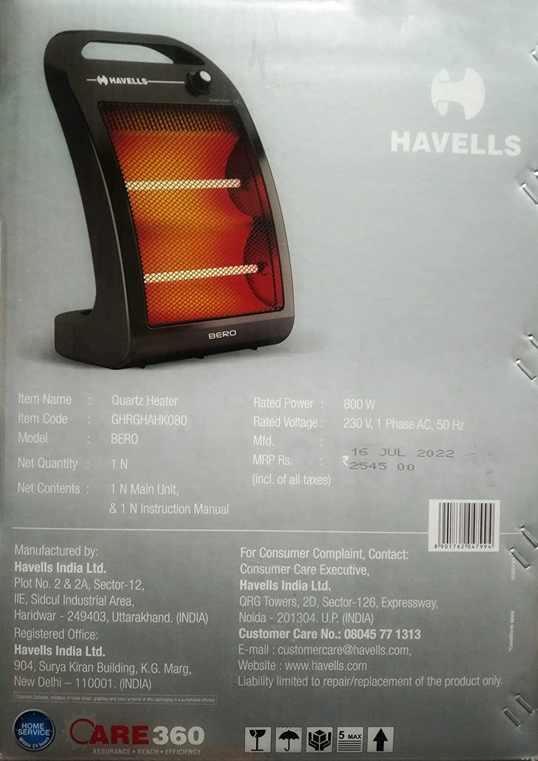Havells Bero Quartz Heater Black 800w 2 Heat Settings 2 Year Product Warranty GHRGHAHK080 - Mahajan Electronics Online