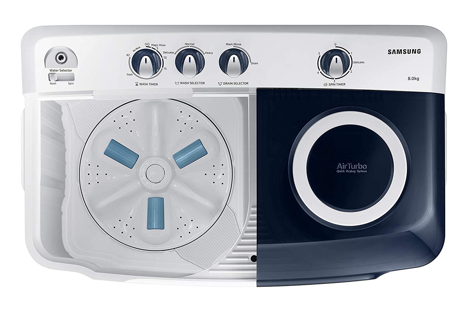Samsung WT80R4200LG/TL 8.0 Kg Semi-Automatic 5 Star Top Loading Washing Machine ( Light Grey, Royal Blue Lid) - Mahajan Electronics Online