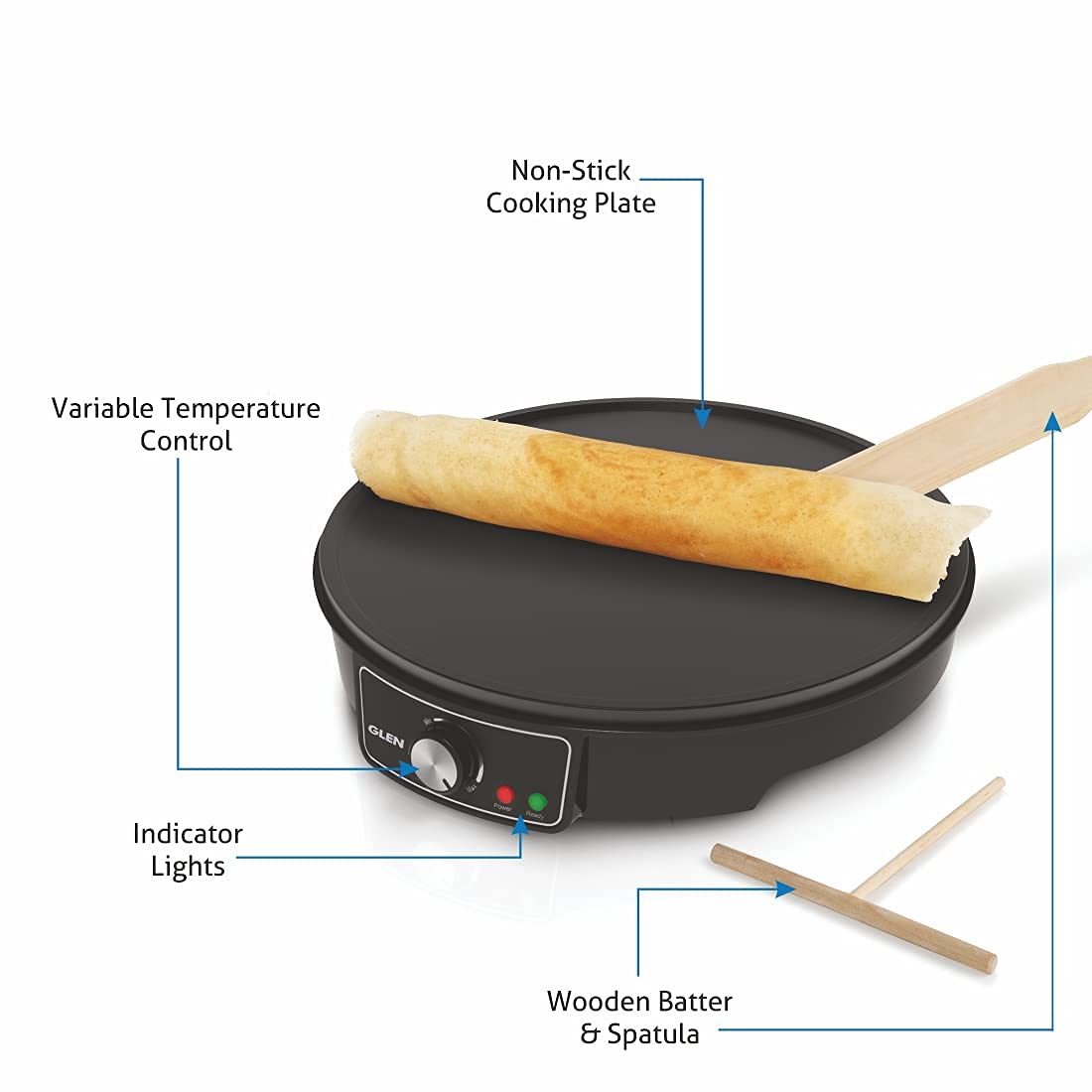 Glen SA-3038N Electric Dosa Maker with Wooden Batter & Spatula 1000 Watt Black