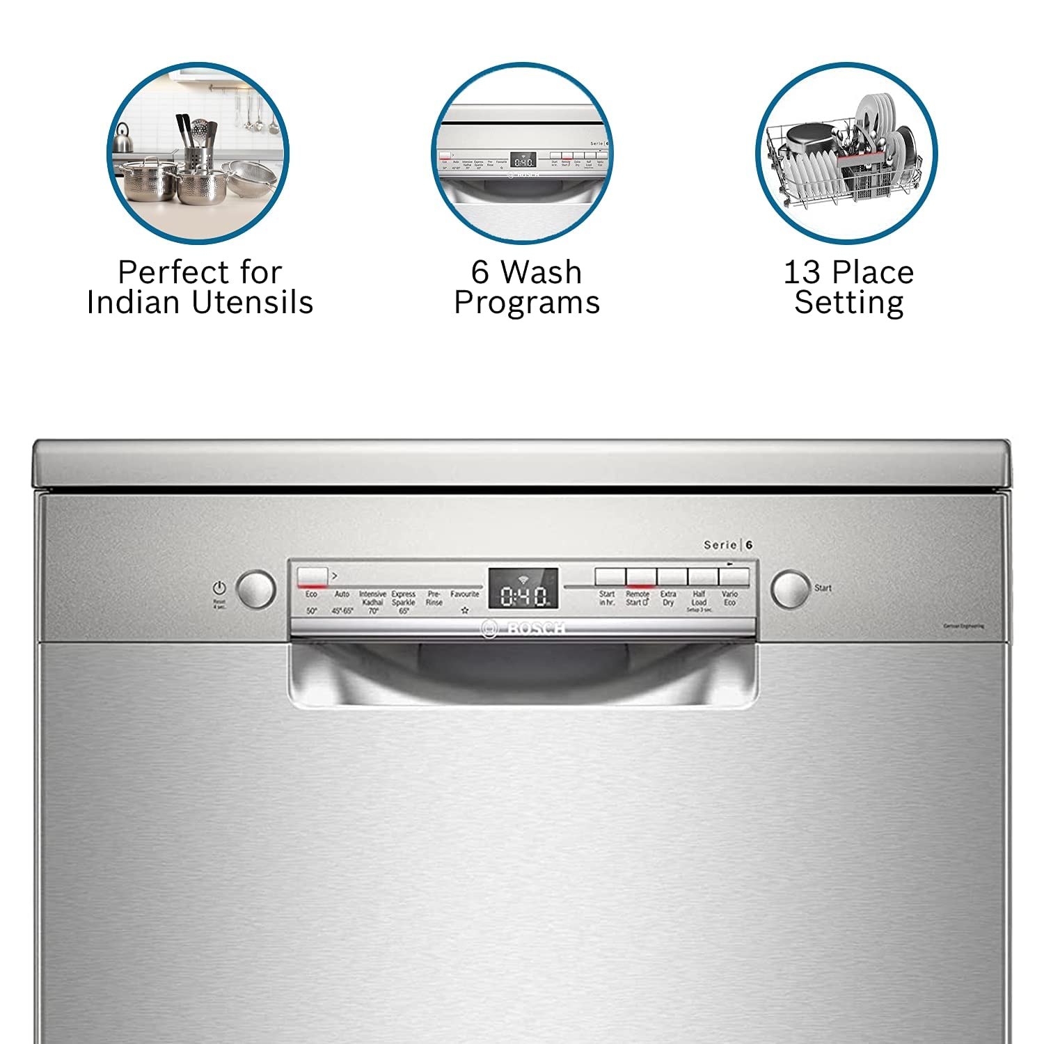 BOSCH SMS6ITI00I Free Standing 13 Place Settings Intensive Kadhai Cleaning - Mahajan Electronics Online