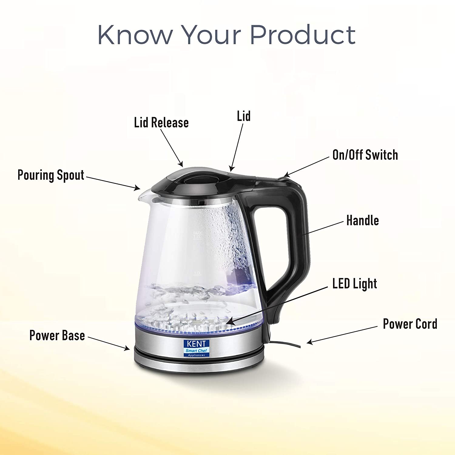 KENT Elegant Electric Glass Kettle 1.7 L Stainless Steel Heating Plate - Mahajan Electronics Online