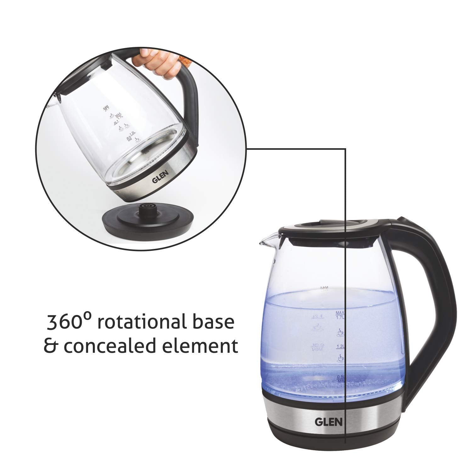 Glen Electric Glass Kettle 9012 | 1.8L Transparent Glass | 2000W Fast Boil | Blue LED Light | Mahajan Electronics Delhi NCR