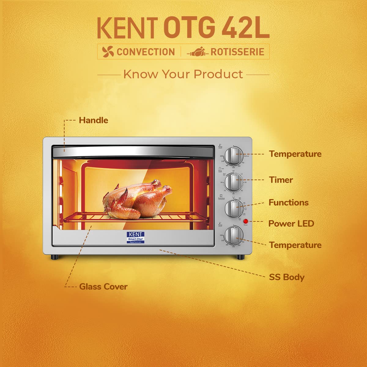 KENT 16080 OTG 42L | 2000W | Bake, Grill, & Toast | Rotisserie | Dual Temperature Knob | Auto Shut-Off Feature - Mahajan Electronics Online
