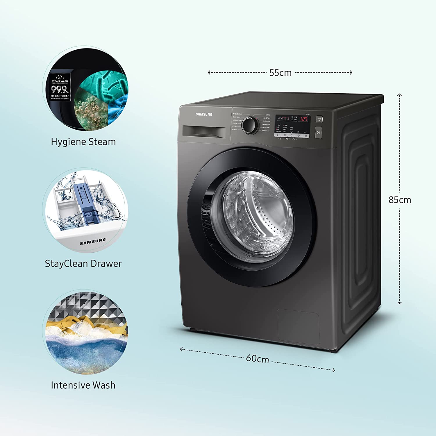 Samsung 9 Kg 5 Star Inverter Fully-Automatic Front Loading Washing Machine (WW90T4040CX1TL, Inox, In-Built Heater) - Mahajan Electronics Online