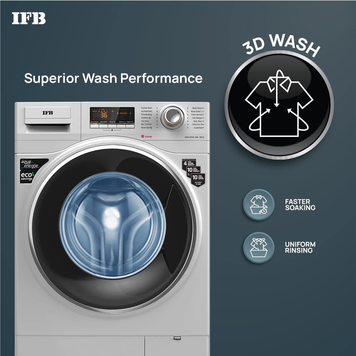 IFB 9 Kg 5 Star Front Load Washing Machine EXECUTIVE SXS 9014, Silver, In-built Heater