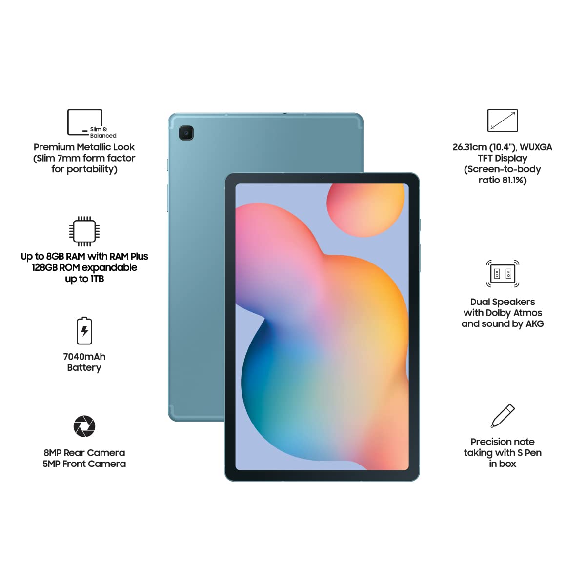 Samsung Galaxy Tab S6 Lite 26.31 cm (10.4 inch), S-Pen in Box, Slim and Light, Dolby Atmos Sound, 4GB RAM, 128GB Storage | Upto 8GB RAM with RAM Plus, Wi-Fi+4G Tablet, Blue - Mahajan Electronics Online