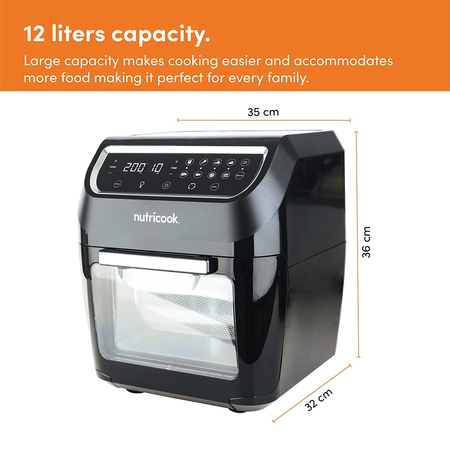NUTRICOOK 1800 Watts, Digital/One Touch Control Panel Display, 8 Preset Programs Air Fryer Oven (12 L, Black,NC-AFO112K)