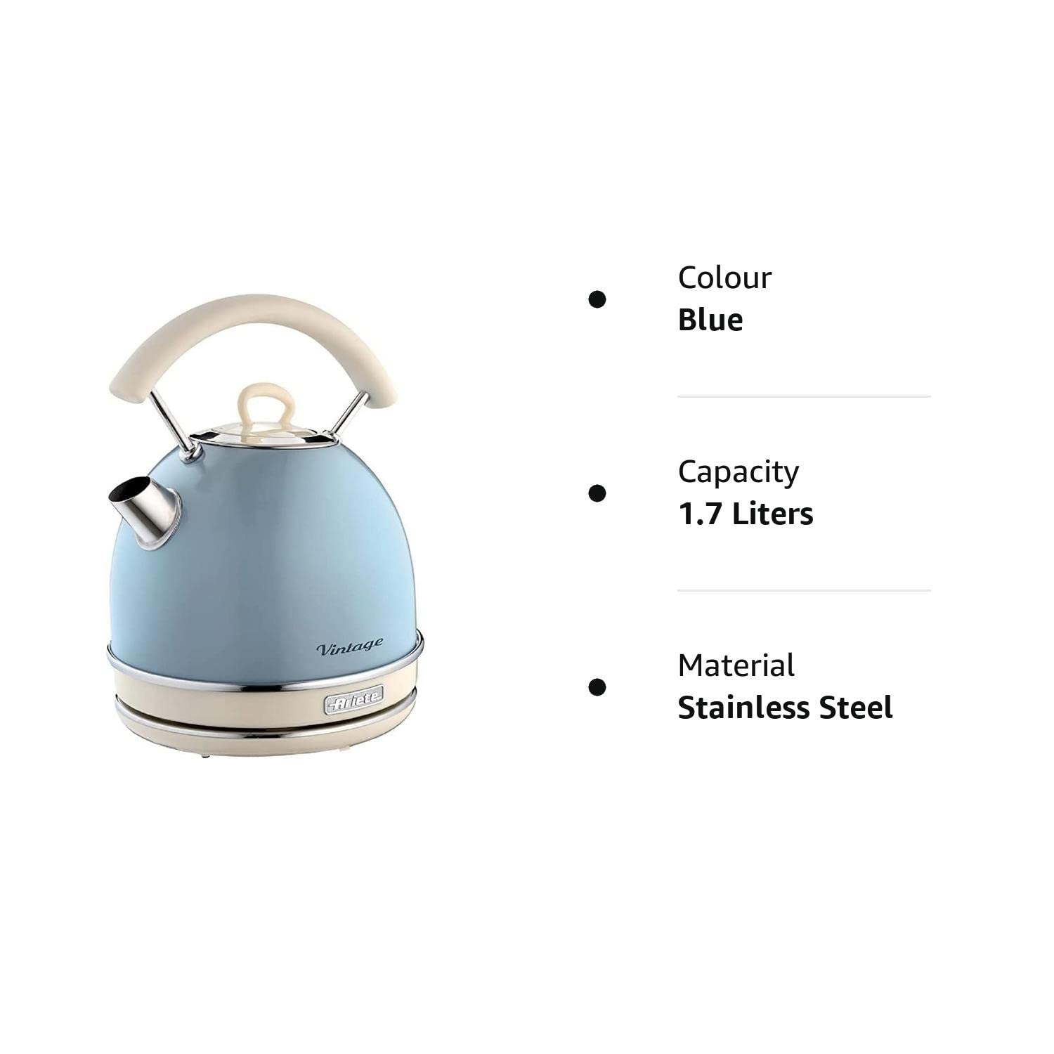 Ariete 2877 Vintage electric kettle, 2000 watt, 1.7 litres, in stainless steel painted in light blue pastel colour - Mahajan Electronics Online