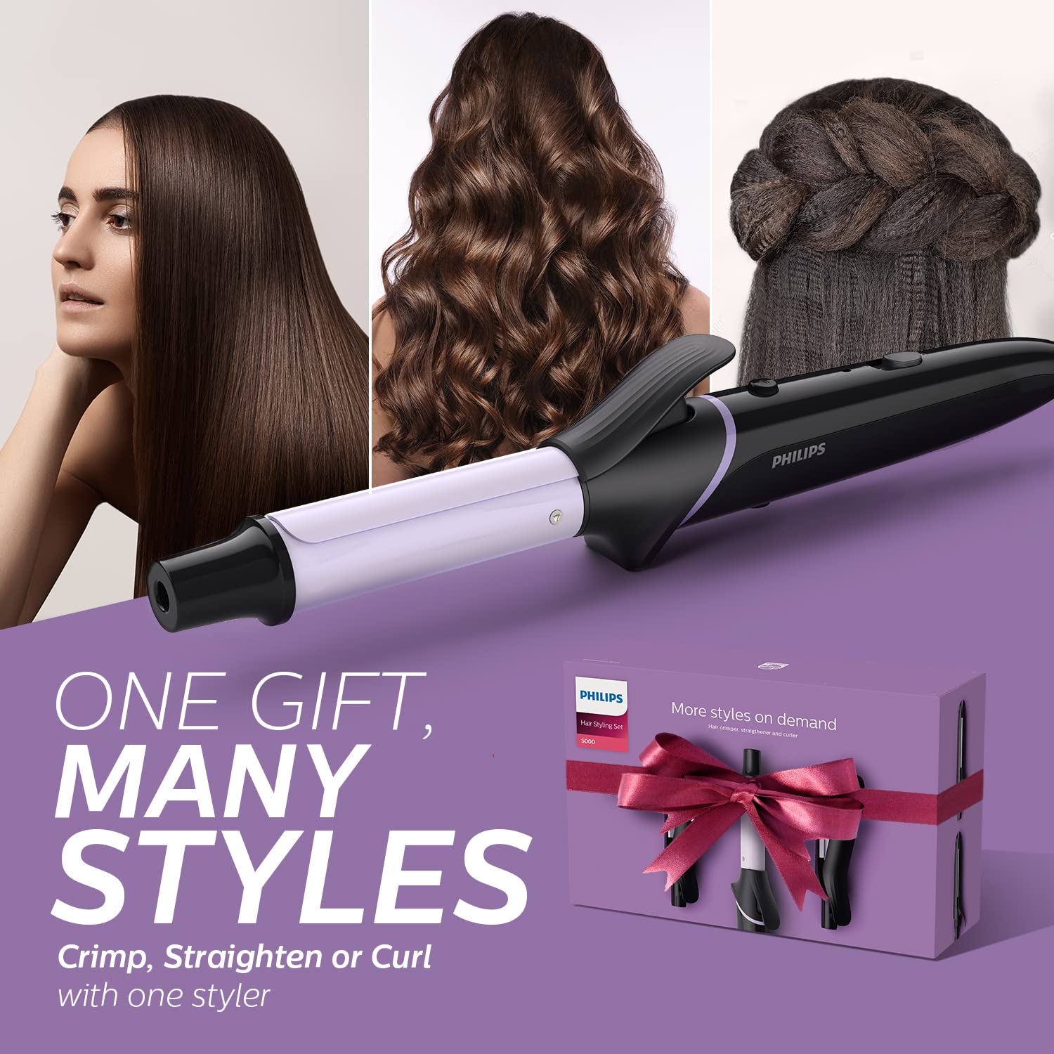 PHILIPS BHH816/00 Crimp, Straighten or Curl with the single tool, quickly and without fear of heat damage, Black Multi Styling Kit - Mahajan Electronics Online